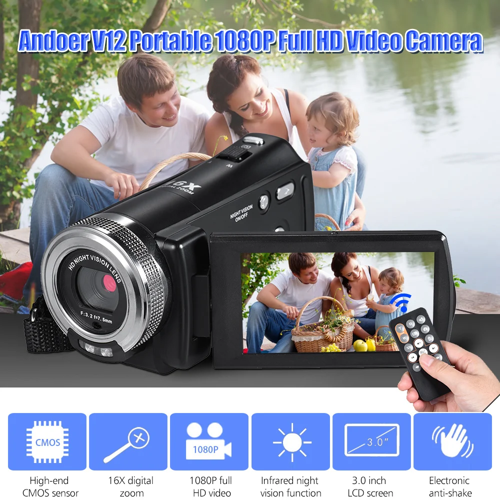 Видеокамера Andoer V12 1080P Full HD с цифровым зумом 16X портативная видеокамера ночным