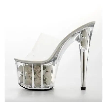 Platform Women Slippers Shoes Thin Heel Ultra High Heels 17CM Flowers Transparent Crystal Sandals Female | Обувь