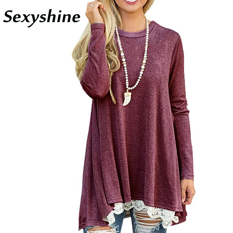 

Autumn 2017 Casual Basic T Shirt Women Long Sleeve Splice Lace Top O Neck Loose High Low Irregular Hem Long Women Tunic T-Shirt