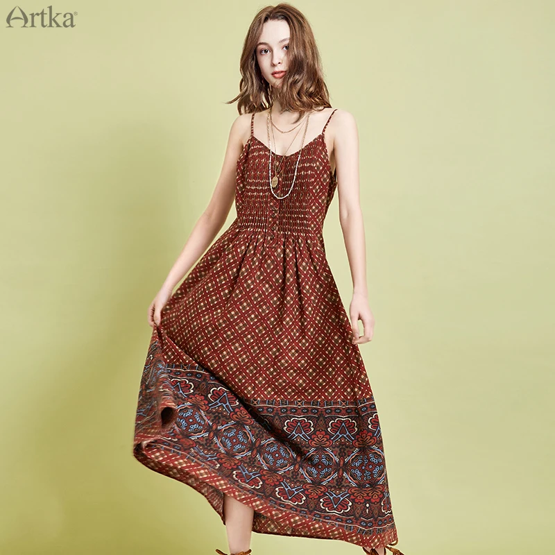 Женское винтажное платье ARTKA длинное льняное на тонких бретельках с принтом в