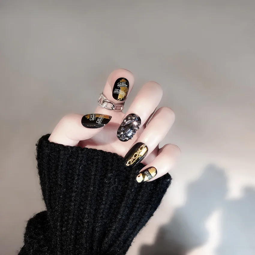 Роскошные черные золотые поддельные ногти AB горный хрусталь заклепки цепи