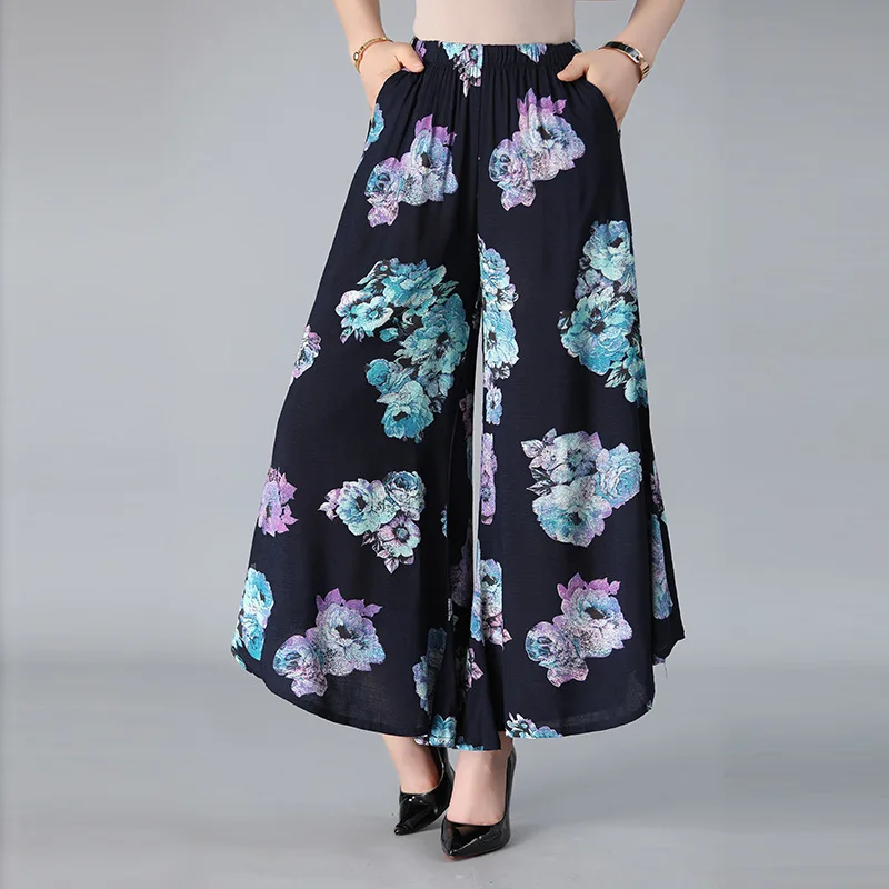 New Arrival Summer Style Mother Culottes XXXL print flowers Plus size High Waist pockets women's Wide Leg pants | Женская одежда