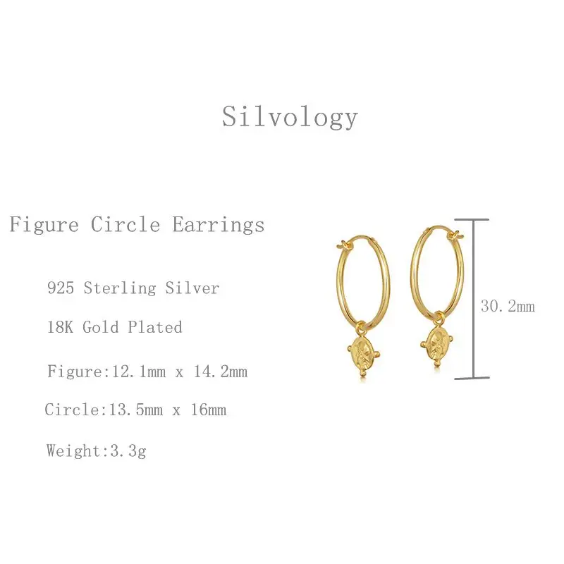 Женские большие круглые серьги Silvology элегантные с золотым тиснением и монеткой