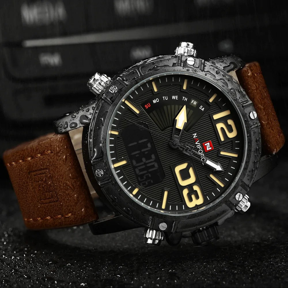 NAVIFORCE мужские водонепроницаемые военные спортивные часы кожаные с двойным