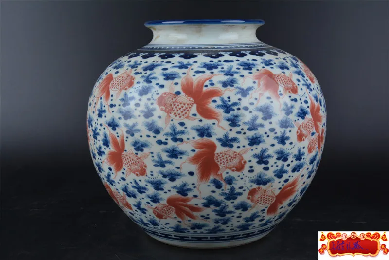Антикварная фарфоровая ваза QingDynasty белая и синяя глазурь Золотая Рыба ручная