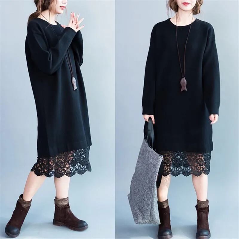 Флисовое платье с длинным рукавом и кружевом осень 2020|vestidos plus|dress vestidossleeve dress |