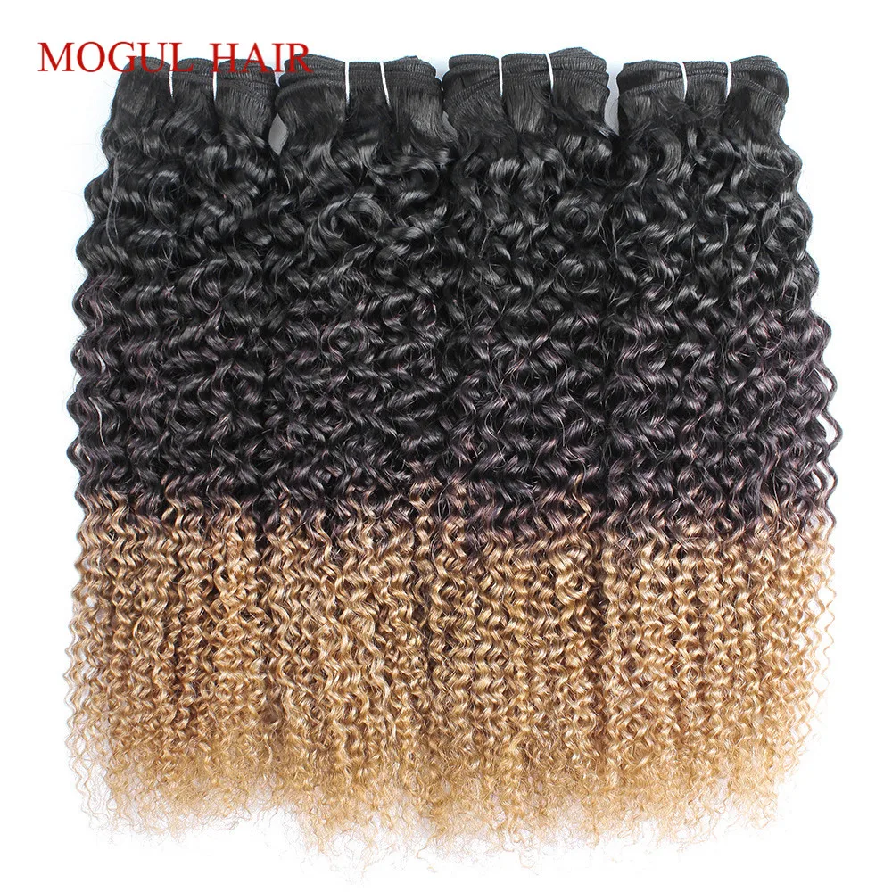 MOGUL HAIR Ombre Three Tone 1B 4 27 Blonde Ends Afro Jerry Curly Hair Weave Bundles Indian Non Remy Human Hair Extension