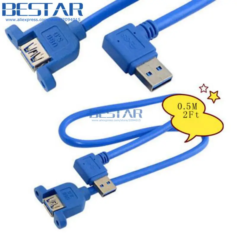 

(10pcs/lot) USB 3.0 cable 50cm 0.5M 2Ft USB3.0 A Female Jack Panel Mount with screws to A Male Right Angled Extension Cable