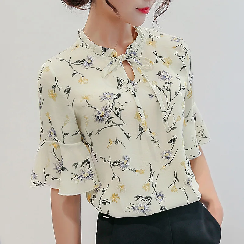 

Summer Office Lady Bottom Shirt Women Flowers Print Blouses Fashionable Short Sleeve Casual Chiffon Shirts Ruffle Blouse Gothic