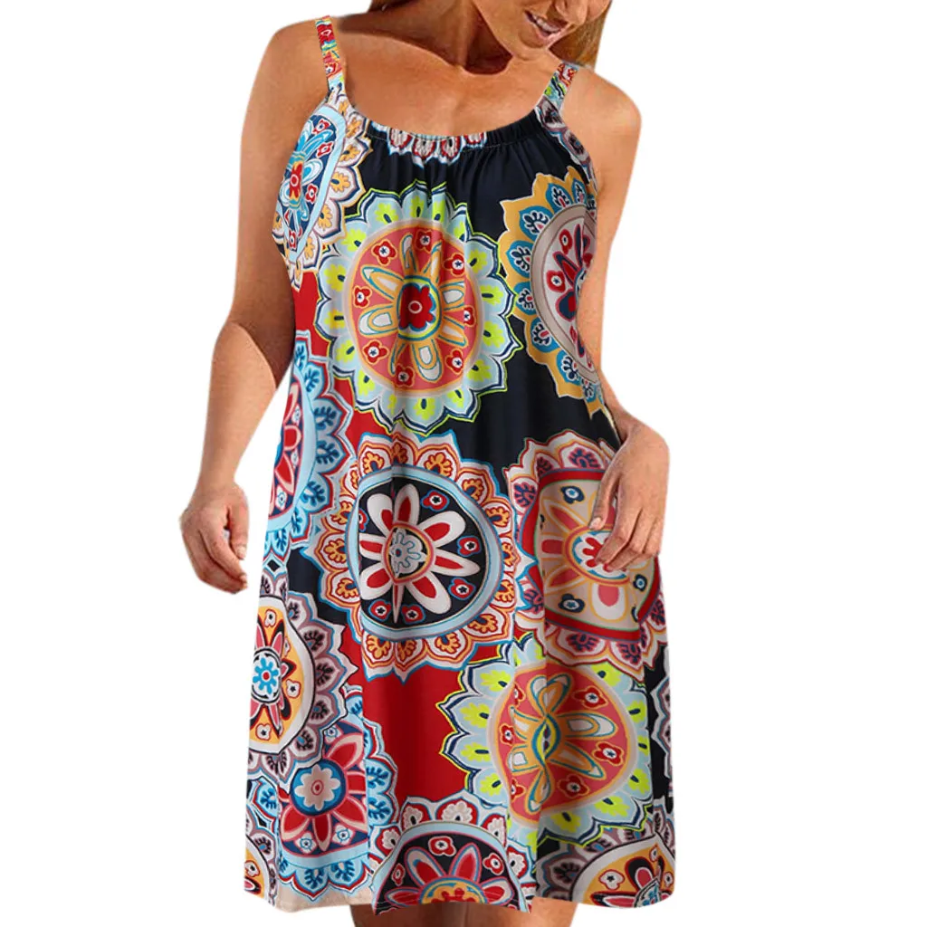 Женское платье Бохо с круглым вырезом без рукавов Летнее пляжное принтом плюс