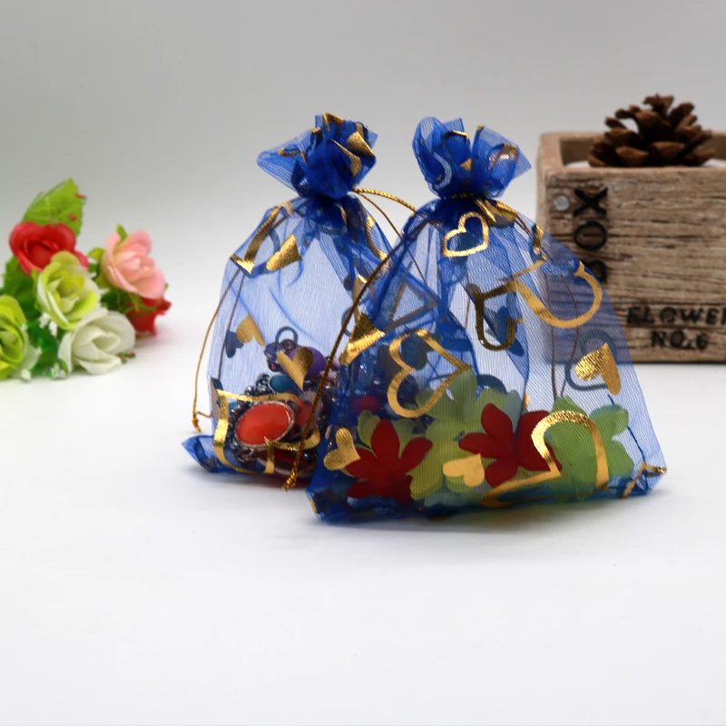 

Сумки для хранения Королевского синего цвета, 9x12 см, 100 шт./лот, сумки из органзы с принтом Золотого сердца, мешочки для бусин, подарочная упак...