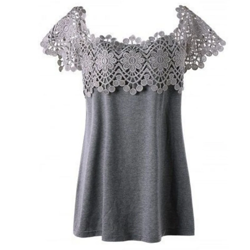 Women T-Shirts Solid Color Splice Lace Embroidery Round Collar Short Sleeves Tops for Summer FDC99 | Женская одежда