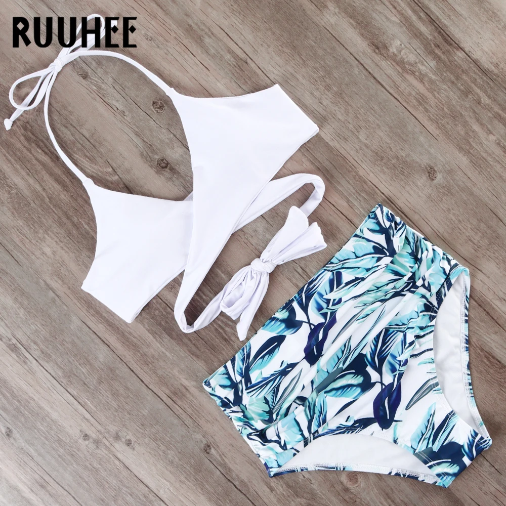RUUHEE, бикини,, купальник для женщин, купальник с высокой талией, бикини, набор, пуш-ап, с принтом, Холтер, купальник для женщин, летняя женская пляжная одежда
