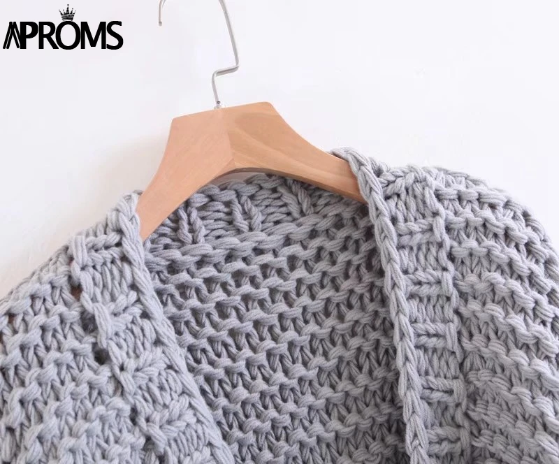Aproms, женские кардиганы с помпонами, Зимний вязаный свитер ручной работы, осень, толстая вязаная Повседневная Верхняя одежда с рукавами-фонариками, теплые пальто