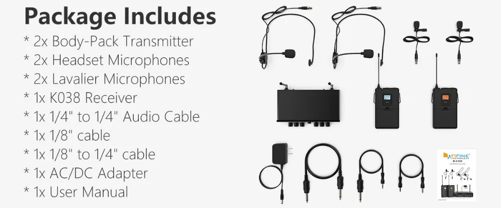 FIFINE UHF Беспроводная микрофонная система с 2 гарнитурами и 2 нагрудными петельными микрофоном, свободные руки для обучения речи K038