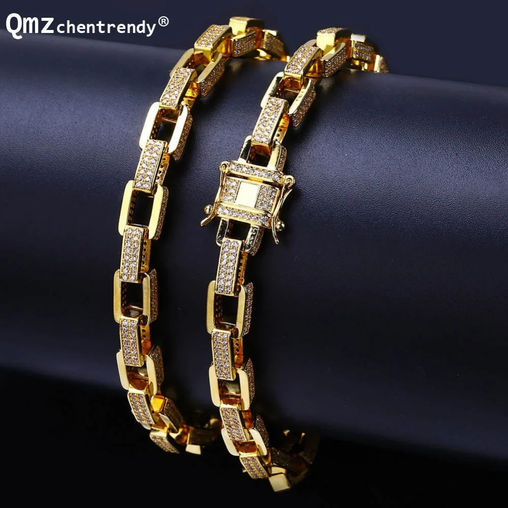 

Hip hop Mens Box Chains Copper Necklace Gold Silver Plated Micro Pave CZ Stone Box Clasp Link Chain Necklaces 18inch 22inch