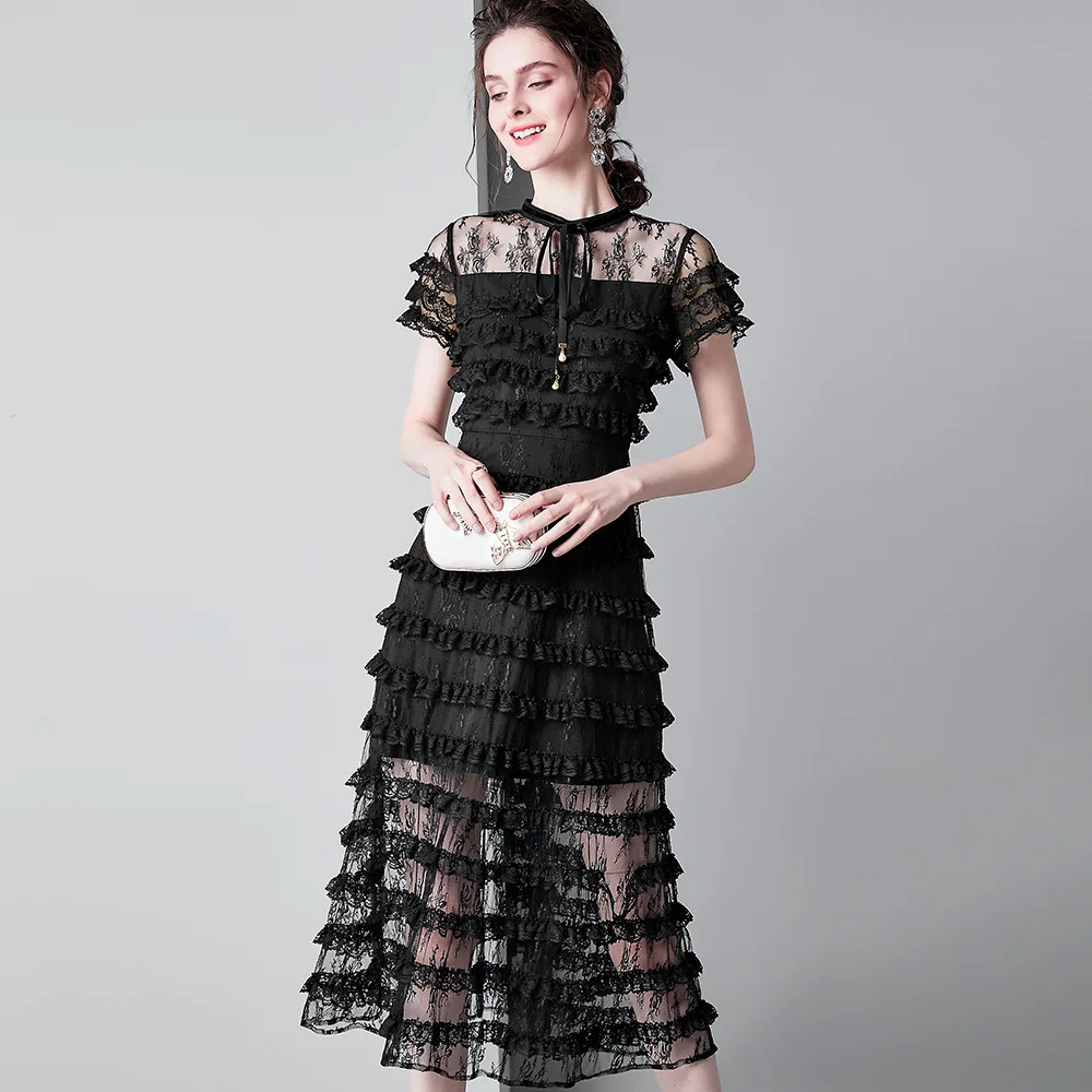 Европейская мода сетчатые сшитые кружева черное прозрачное женское летнее