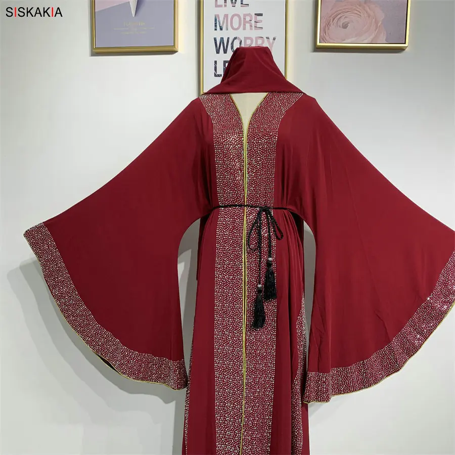 Siskakia Роскошная Горячая фиксация Стразы Цвет Блок мусульманский абайя большой расклешенный рукав кардиган Jubah с твердым шарфом и кисточкой пояс