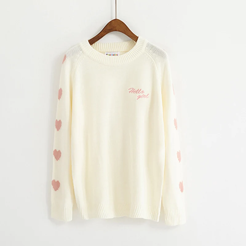 Winter women college warm thick casual loose student cute Heart letter embroidery round neck Long sleeve knitted Hedging sweater | Женская