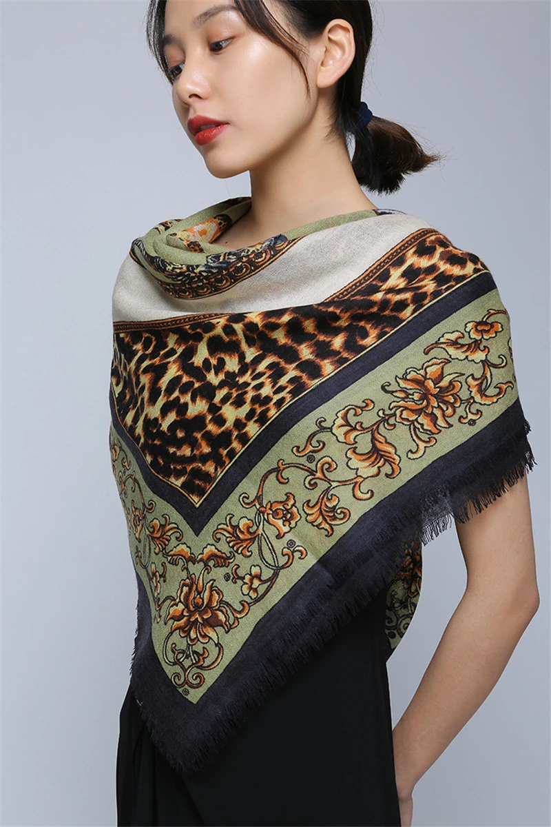 

100%fine wool women fashion leopard print elgant luxury big square shawl pashmina 110x110cm retail wholesale