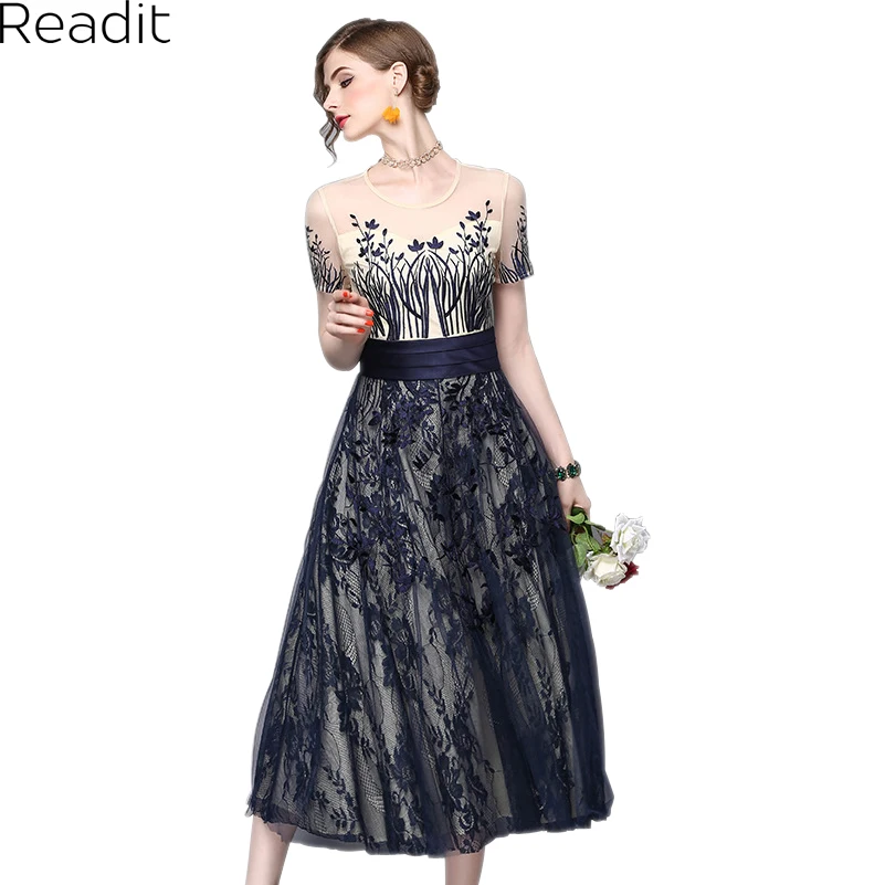 Readit женское платье Лето 2017 г. короткий рукав o образным вырезом газовое с вышивкой