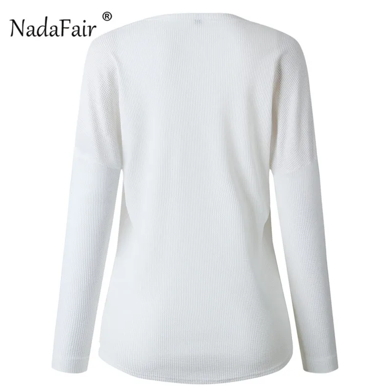 Nadafair, женская футболка с длинным рукавом, женские топы, весна-осень, на пуговицах, тонкая, ребристая, трикотажная футболка, Femme размера плюс, футболка
