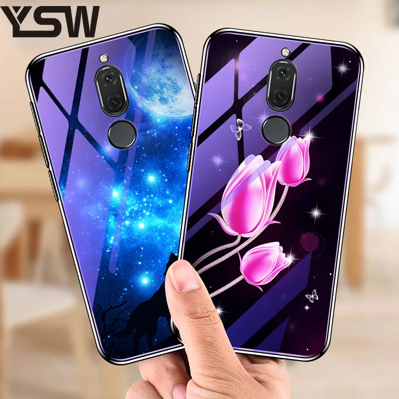 YSW чехол из закаленного стекла для huawei mate 10 Lite Роскошный чехол из закаленного стекла с голубым напылением светильник с цветочным узором для huawei Nova 2i