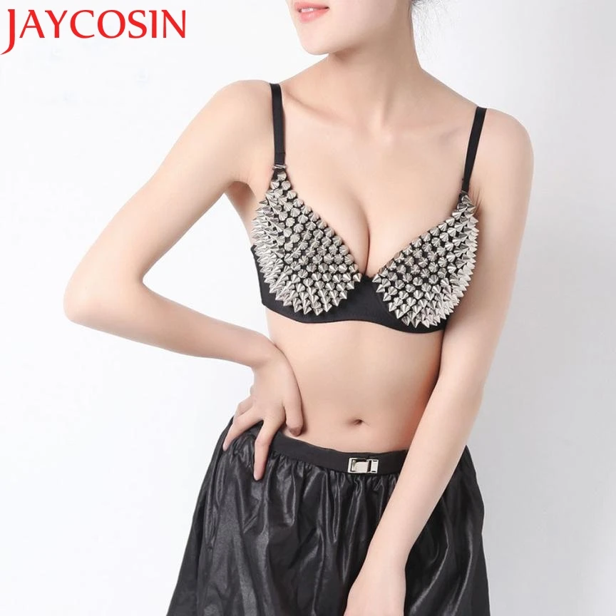 JAYCOSIN, бюстгальтеры для женщин, новинка, в стиле панк, леди, готика, серебряный, с шипами, бюстгальтер, укороченный топ, ультратонкие, вечерние, с шипами, с заклепками, металлический, в стиле панк, танцевальный бюстгальтер H14