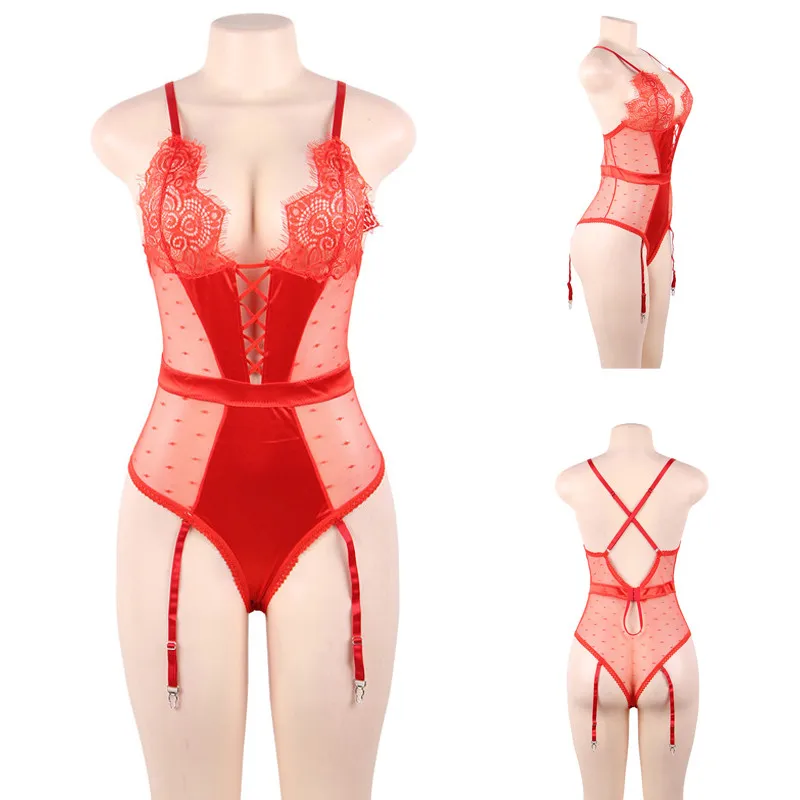 Red Jumpsuits Comeondear Кружевные Боди размера плюс женский прозрачный комбинезон сексуальное женское нижнее белье атласные комбинезоны боди Mujer с поясом для подвязок RB80651 - Цвет: Red Jumpsuits