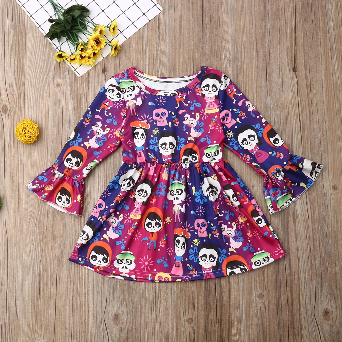 Halloween 1-6Y Toddler Kids Baby Girl Dress Cartoon Print Flared Sleeve Princess Party | Детская одежда и обувь