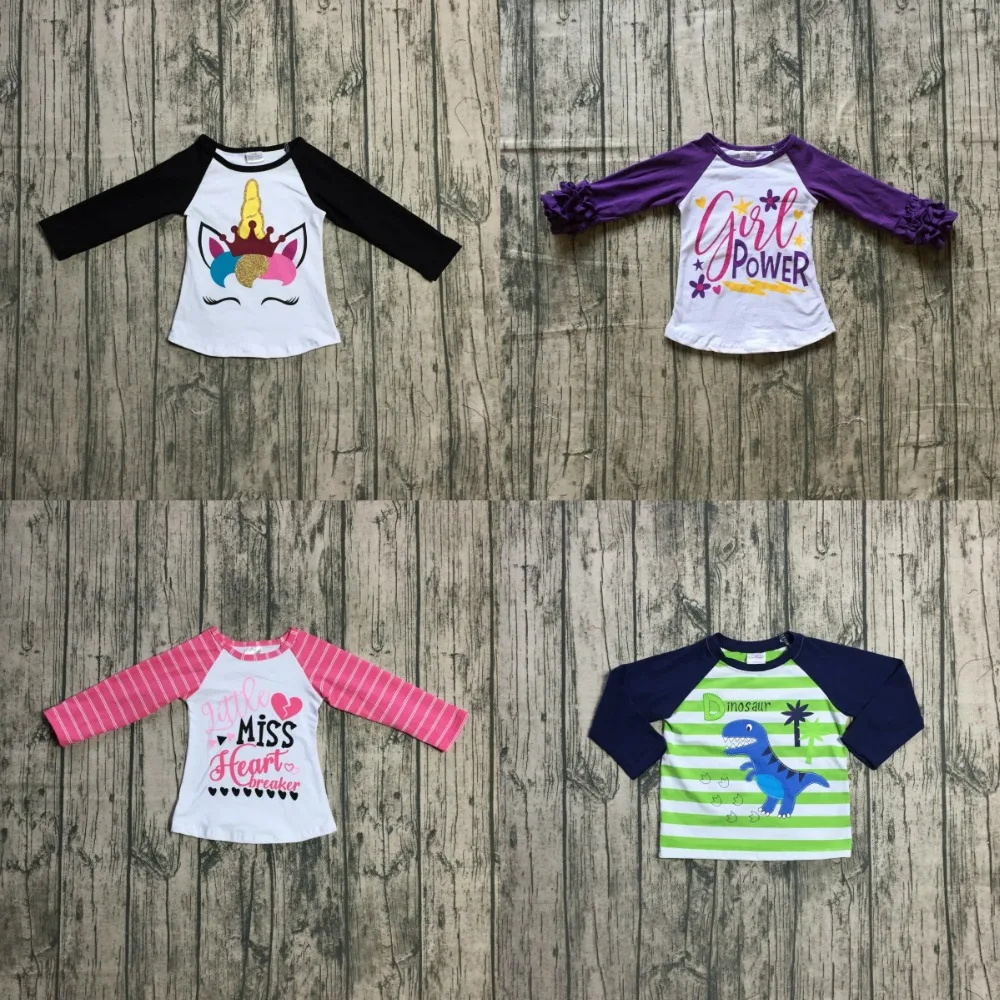 Spring winter Valentine's day baby girls boys children clothes boutique cotton top t-shirts raglans unicorn dinosaur power heart |