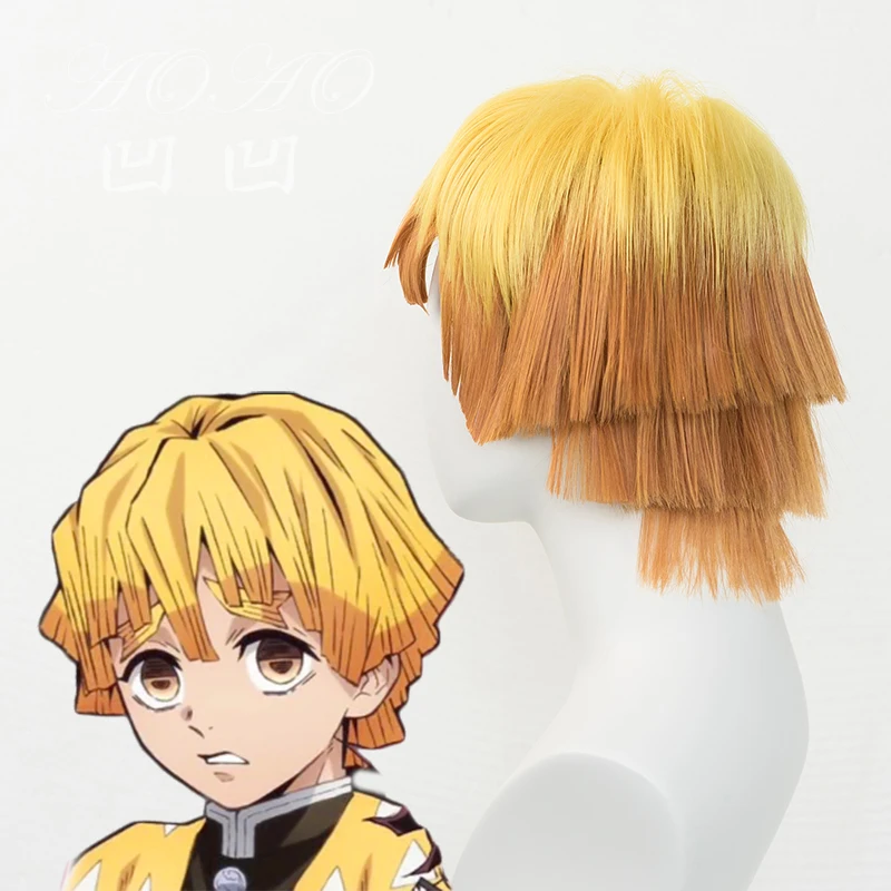 Японское аниме Demon Slayer: Kimetsu no Yaiba mens Agatsuma Zenitsu косплей парик мальчик Оранжевый короткие волосы парик костюмы
