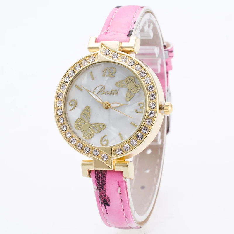 100pcs/lot botti-7 mini leather belt botti butterfly watch gold case flower crystal lady casual elegance wristwatch | Наручные часы