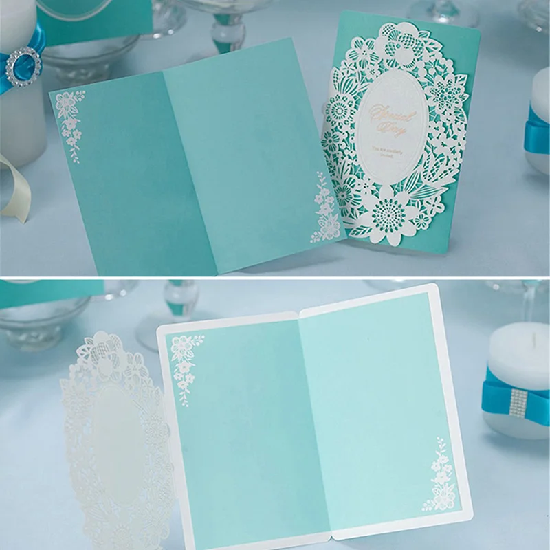 OLOEY Wedding Invitations Card 1pcs Blue Flower Laser Cut Hollow Personal Customized Printing Envelope Party Decoration | Дом и сад