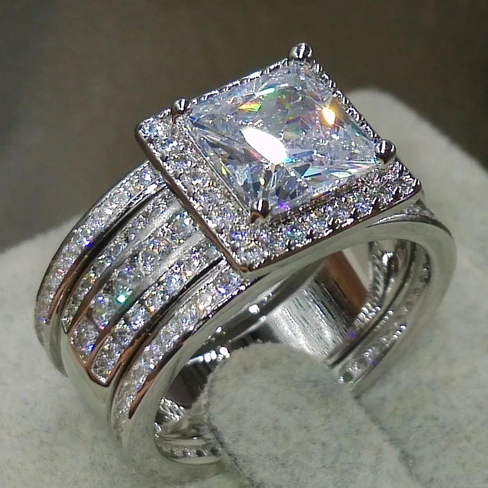 

Size 5-11 Wholesale Princess Cut Luxury Jewelry 3 IN 1 925 Sterling Silver Pave CZ stones Wedding Engagement Women Rings Set