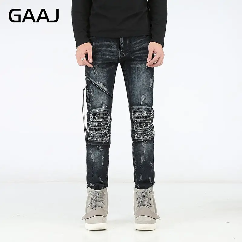 Мужские рваные джинсы в стиле хип-хоп синие байкерские на молнии для мужчин