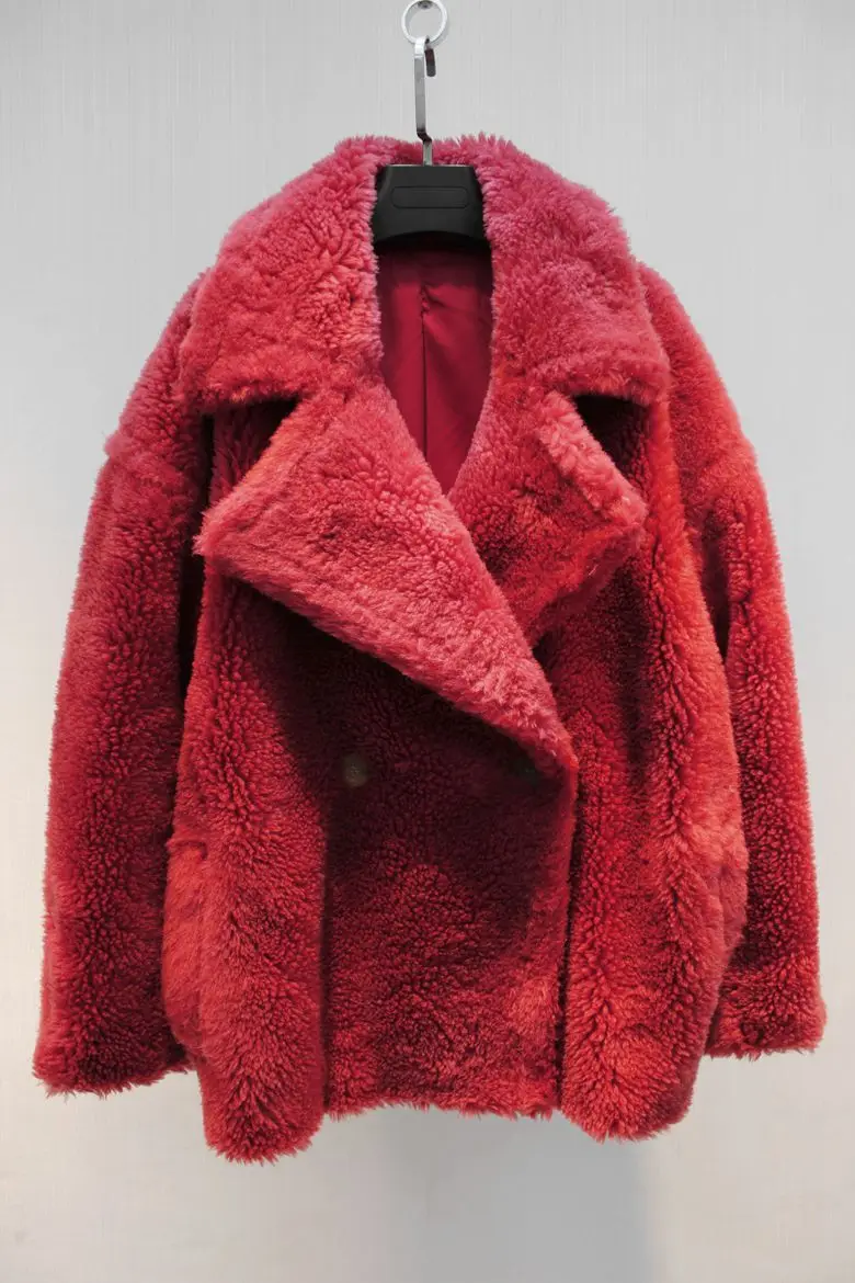SHORT RED Тедди Стиль Негабаритных Настоящее Шуба из Ягненка Мех Женщин Зима Натуральная Натуральная Шерсть Овечий Мех Длинные Пальто Куртка - Цвет: SHORT RED