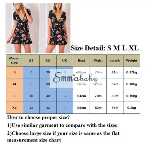 Womens V-Neck Boho Floral Chiffon Summer Wrap Bandge Party Evening Beach Short Mini Dresses Sundress