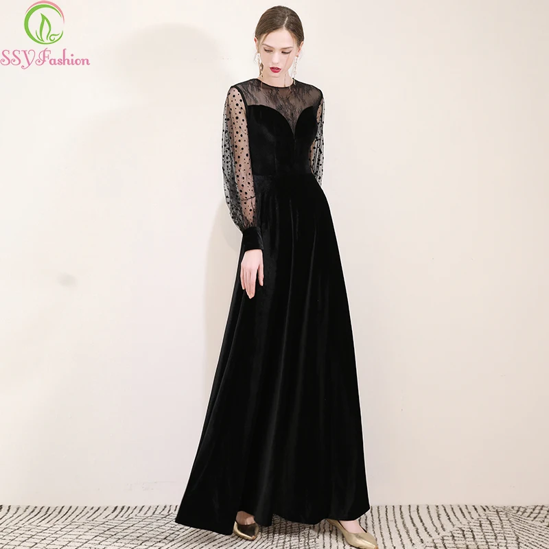 Женское винтажное вечернее платье SSYFashion элегантное черное велюровое в пол с