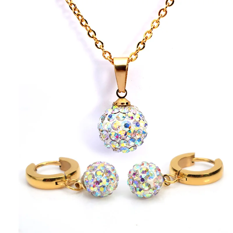 FairLadyHood Women Stainless Steel Jewelry Sets With Zircon Ball Earrings Necklace For Sweater Chain | Украшения и аксессуары