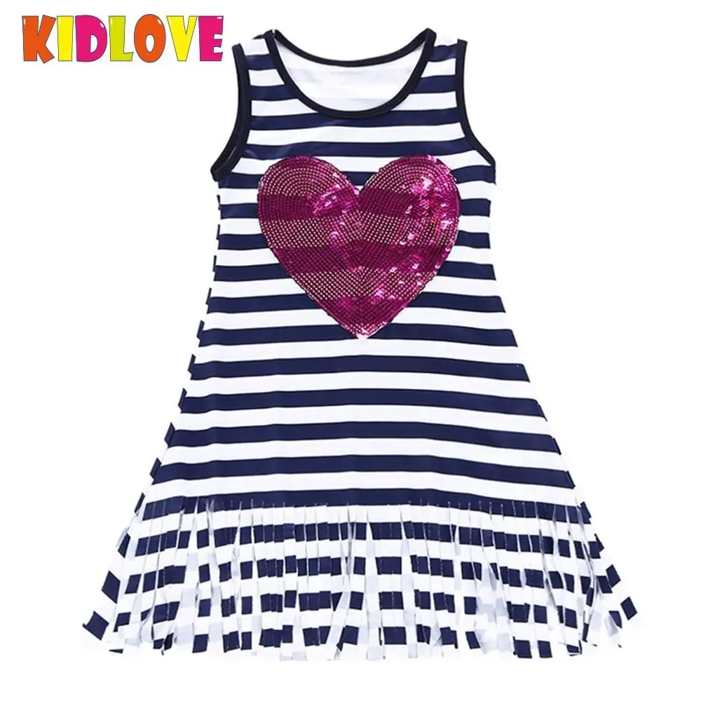 Kidlove модная одежда для девочек в полоску платье без рукавов с Блёстки сердце узор