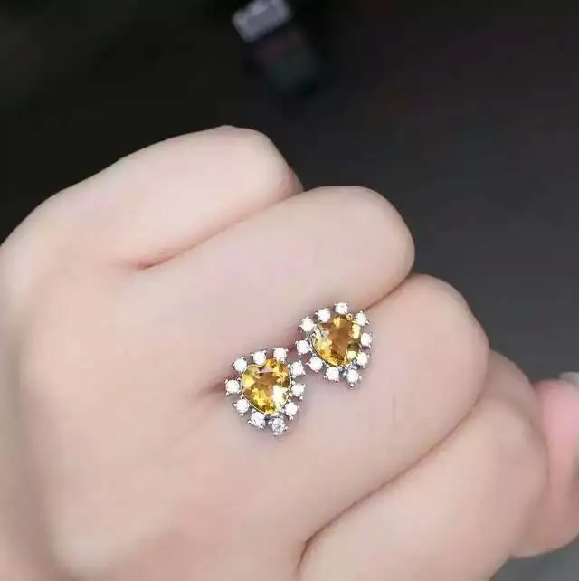 Женские серьги с натуральным цитрином из серебра 925 пробы желтым кристаллом