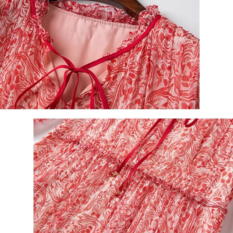

Women Beach Red Floral Long Dress 2019 Summer New Loose Silk Elegant Ladies Dresses Fashion Bow Collar Half Sleeve Vestido HJ257