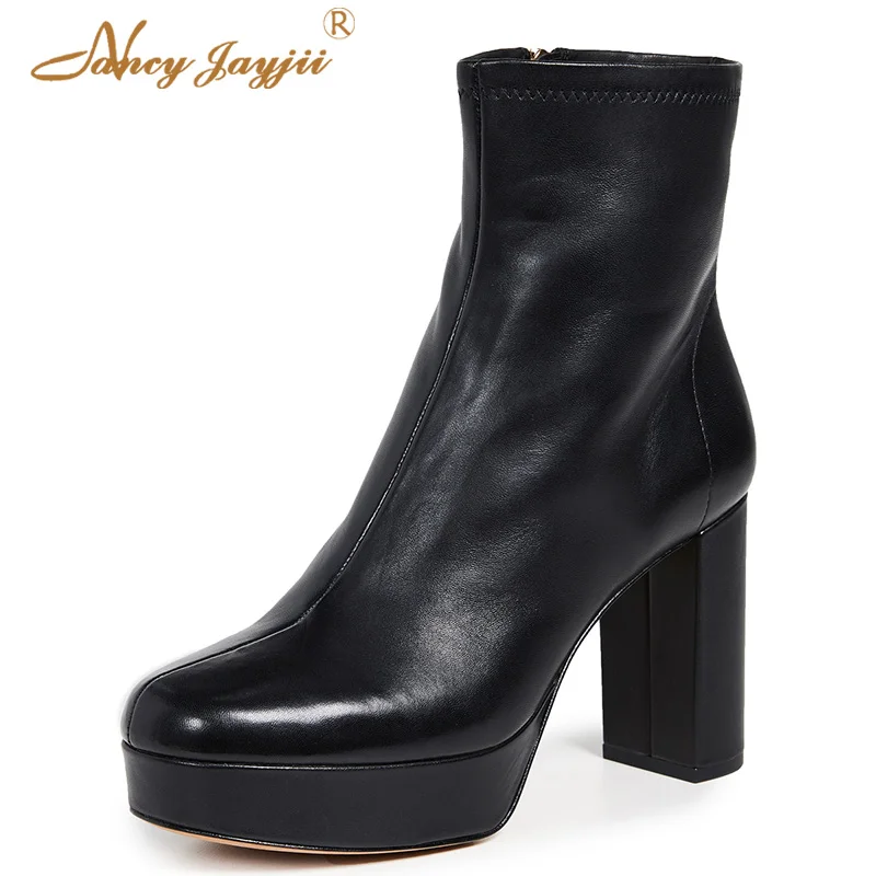 

Nancyjayjii Platform Ankle Boots 2021 Winter Women’S Office Sexy Black Microfiber Super High Chunky Heels Ladies Zipper Shoes