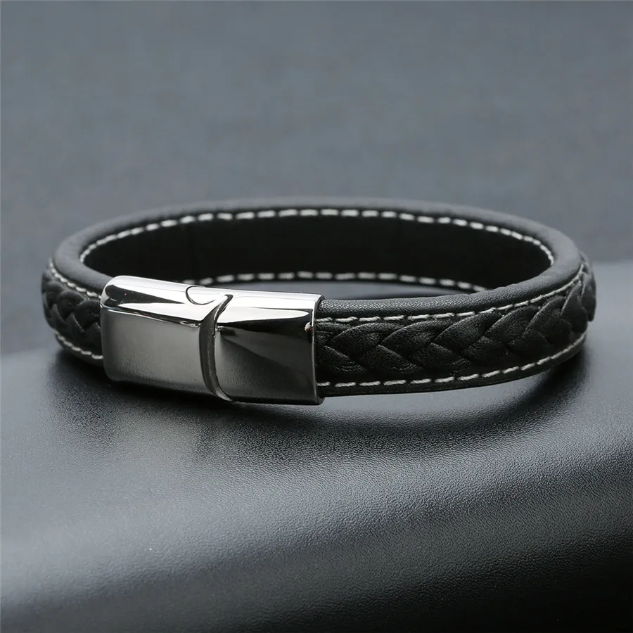 Ckysee Vintage Leather Braided Wristband Bracelet For Men Punk Black Silver Color Stainless Steel Magnetic Clasps Gifts | Украшения и