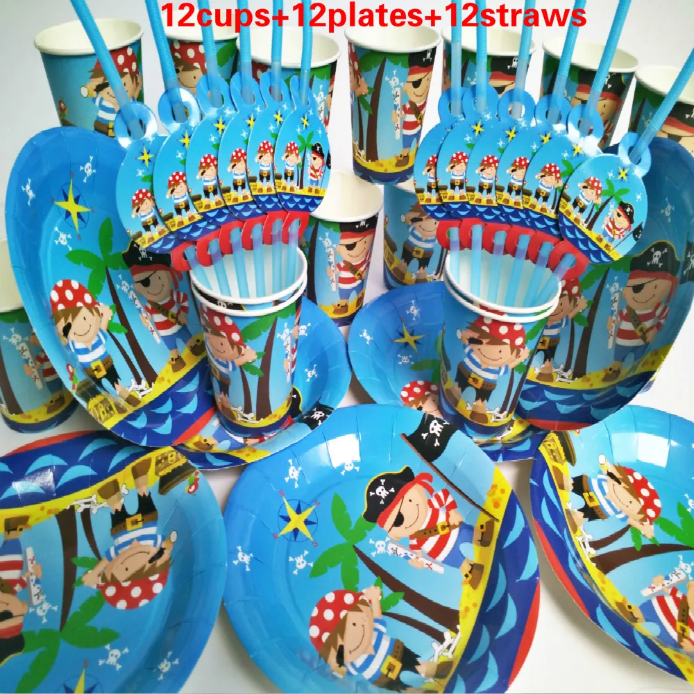 36 шт. чашки тарелки и соломки Детский Пиратский комплект с украшением для дня