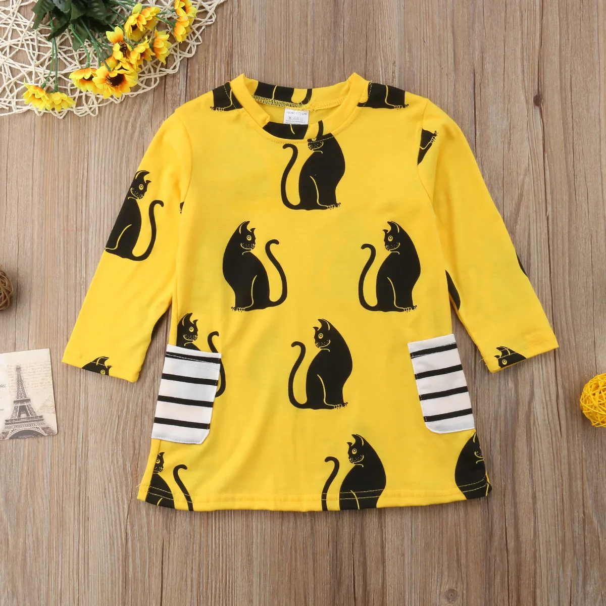 Kids Baby Girl Animal Cat Full Printed Party Pageant Princess Tutu Long Sleeve Cotton Yellow Dress Clothes | Детская одежда и