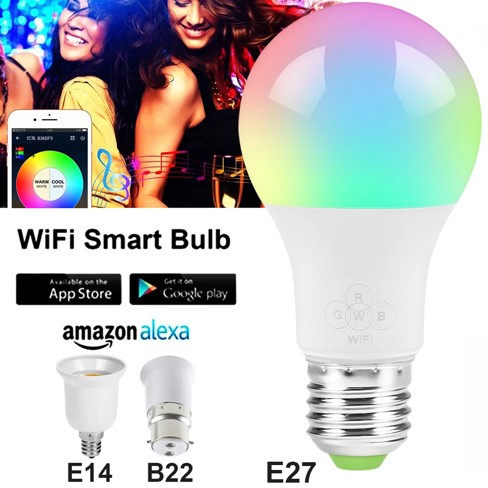 Смарт-лампочка WiFi E27/E14/B22 RGBW затемнения светодиодный лампочка работает с Alexa Google дома, 16 миллионов цветов приложение Remote Управление