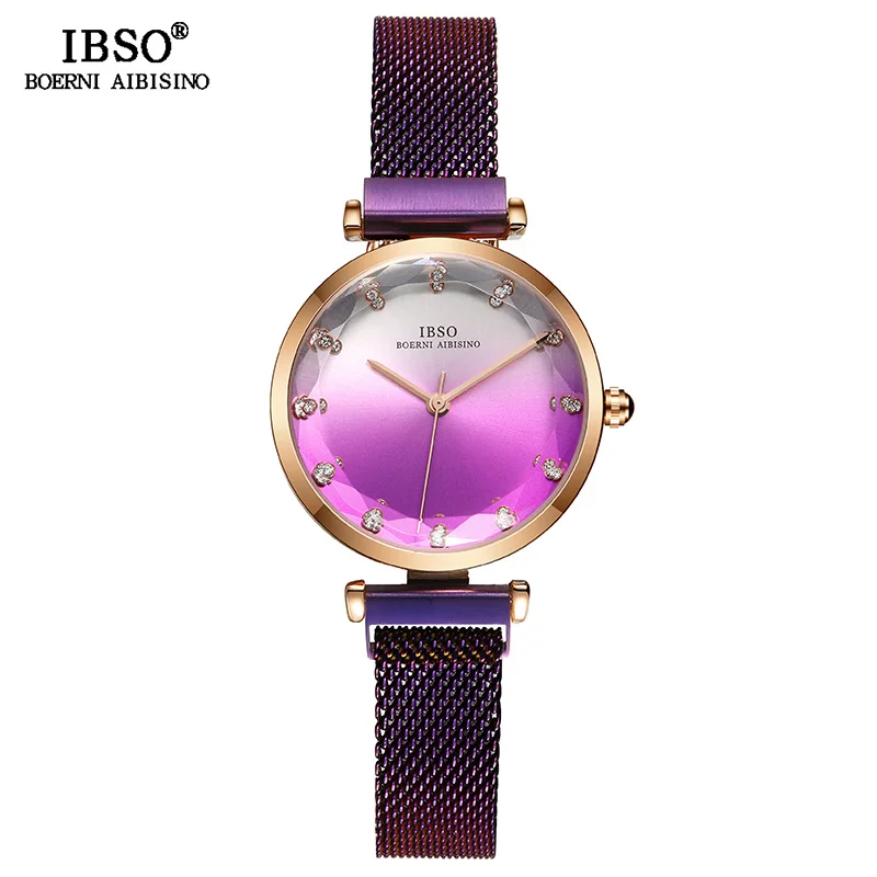Purple IBSO, женские кварцевые часы, стекло, стразы, кварцевые часы для женщин, магнитная пряжка, дизайн, женские наручные часы, Montre Femme - Цвет: Purple