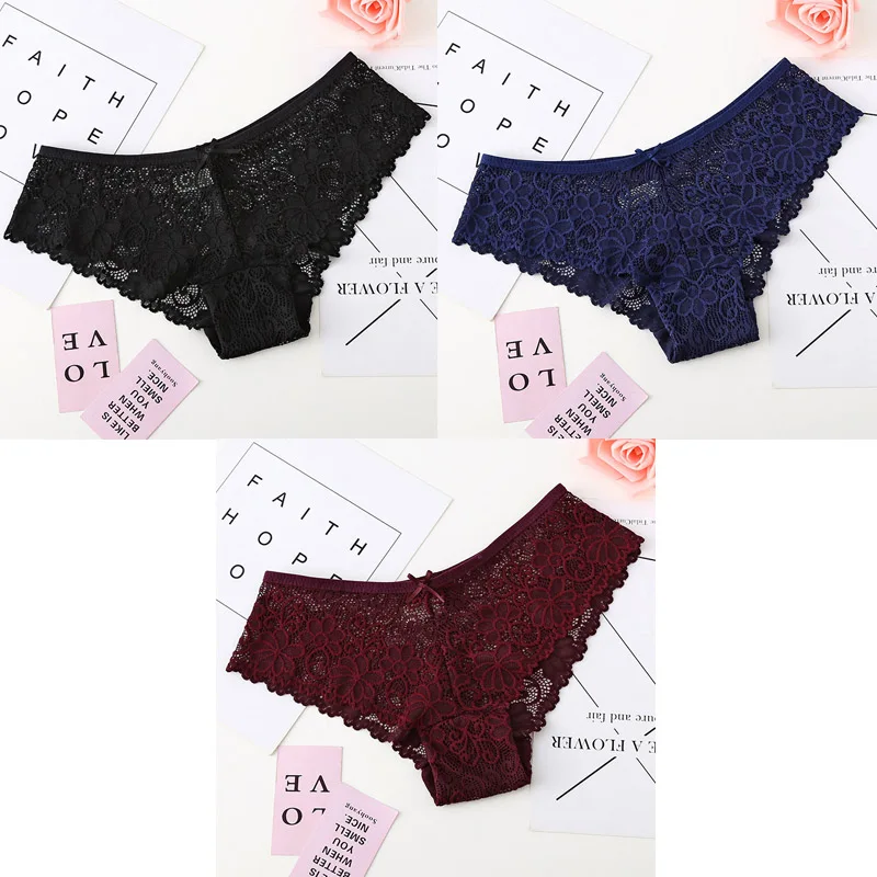 black blue winered 3 штуки трусики для нижнего белья женские сексуальные кружевные дышащие полые женские трусики прозрачное Сексуальное белье для женщин - Цвет: black blue winered